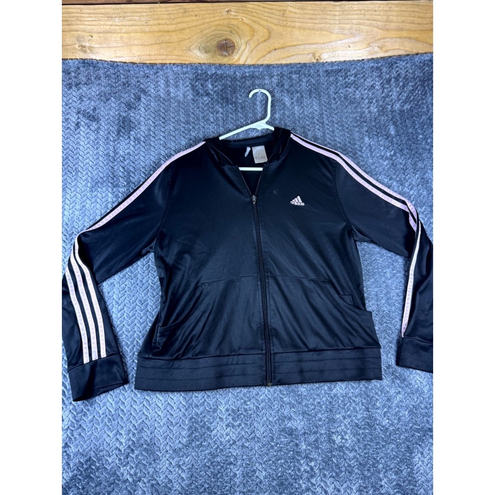 Adidas Clima365 Track Jacket Womens Large Black Pink 3 Stripe Full Zip Hooded